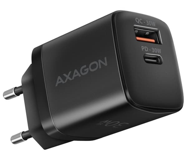 Axagon Sil wallcharger 2x port (USB-A + USB-C), PD3.0/QC4+/PPS/AFC/Apple. 30W total power. Sort