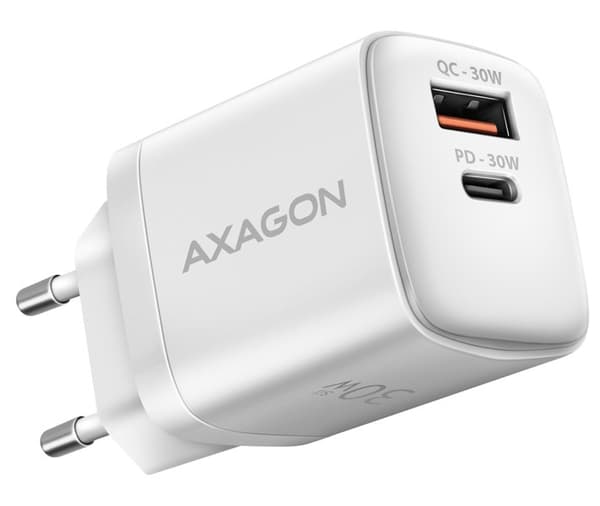 Axagon Sil wallcharger 2x port (USB-A + USB-C), PD3.0/QC4+/PPS/AFC/Apple. 30W total power. Valkoinen