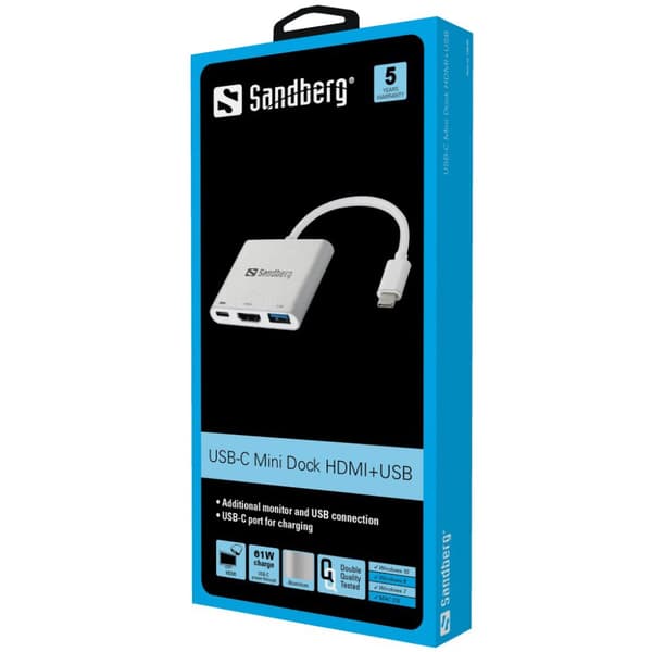 Sandberg 136-00 USB-C Mini Dock HDMI+USB Aluminium, Hvid