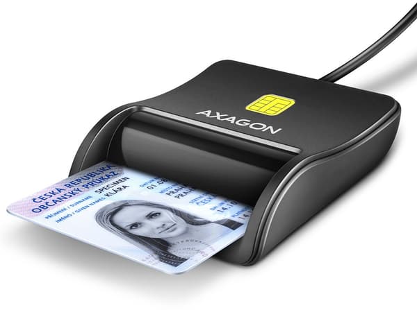 Compact desktop USB contact Smart / ID card reader with long, USB-A cable. Svart