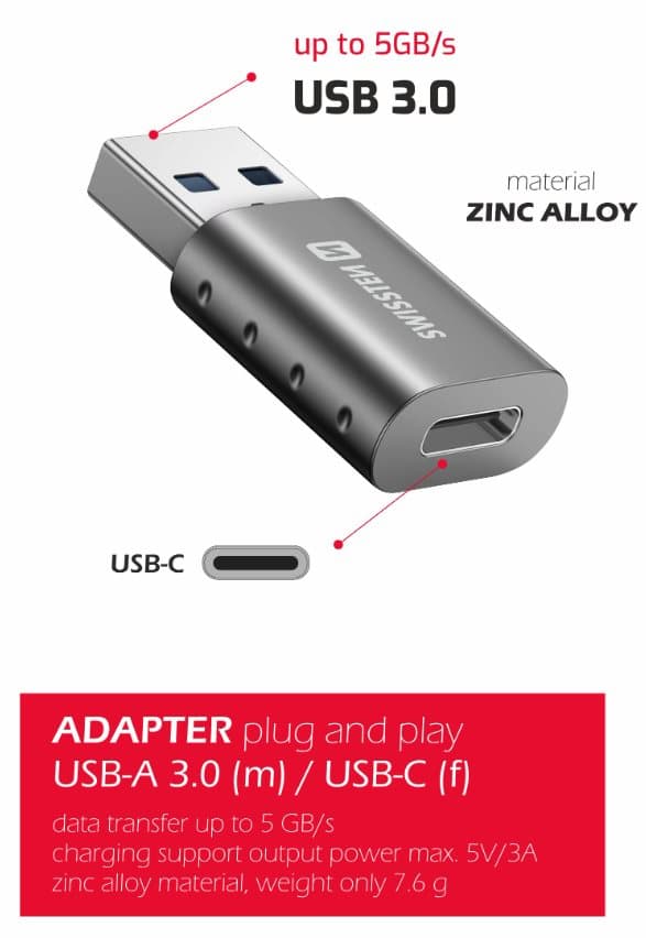 Swissten adapter usb-a(m)/usb-c(f)