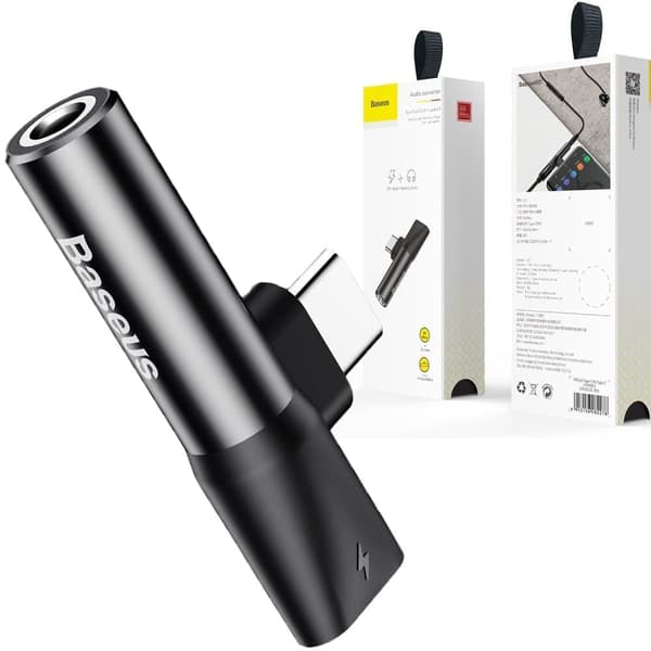 Baseus Audio Converter L41-adapter fra USB-C til USB-C-port + 3,5 mm hodetelefonkontakt svart (CATL41-01)