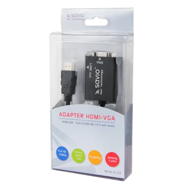 Savio CL-23 videokabeladapter VGA (D-Sub) HDMI Typ A (Standard) Svart