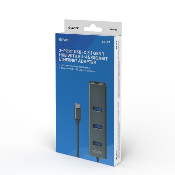 Savio AK-57 USB-C - 3 x USB-A HUB med RJ-45 Gigabit Ethernet-adapter, 5000 Mbit/s, grå