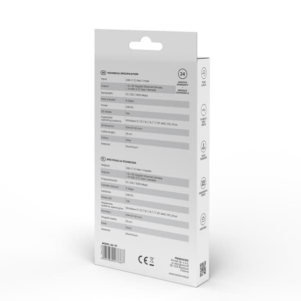 Savio AK-57 USB-C - 3 x USB-A HUB med RJ-45 Gigabit Ethernet-adapter, 5000 Mbit/s, grå