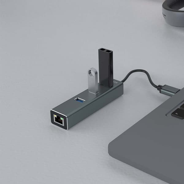 Savio AK-57 USB-A - 3 x USB-A-hubb med RJ-45 Gigabit Ethernet-adapter 5000 Mbit/s grå USB 3.2 Gen 1 (3.1 Gen 1) Micro-B 5000 Mbit/s Svart