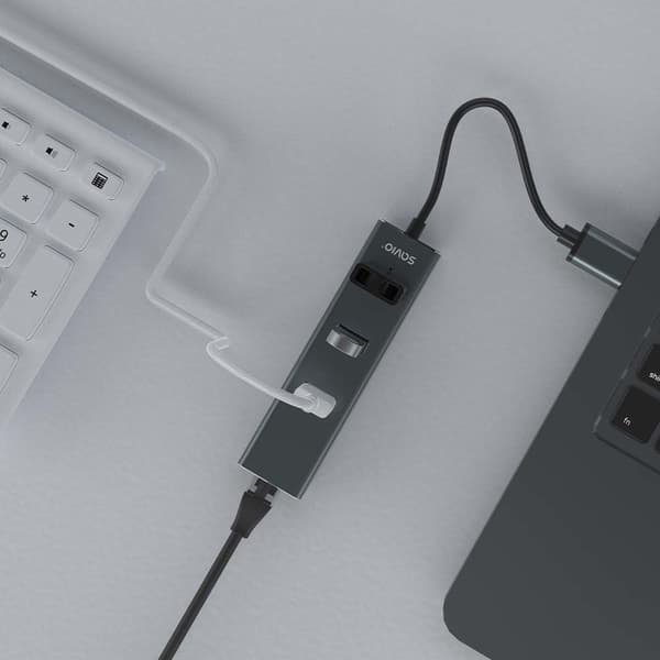 Savio AK-57 USB-A - 3 x USB-A-hubb med RJ-45 Gigabit Ethernet-adapter 5000 Mbit/s grå USB 3.2 Gen 1 (3.1 Gen 1) Micro-B 5000 Mbit/s Svart