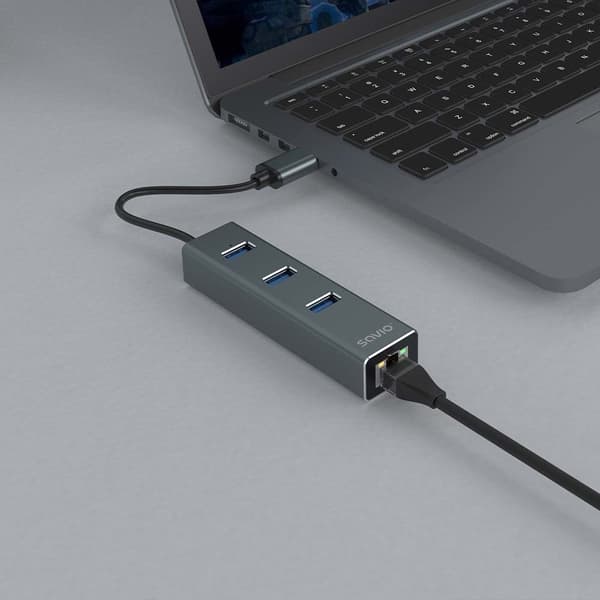Savio AK-57 USB-A - 3 x USB-A-hubb med RJ-45 Gigabit Ethernet-adapter 5000 Mbit/s grå USB 3.2 Gen 1 (3.1 Gen 1) Micro-B 5000 Mbit/s Svart