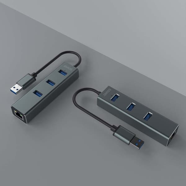 Savio AK-57 USB-A - 3 x USB-A-hubb med RJ-45 Gigabit Ethernet-adapter 5000 Mbit/s grå USB 3.2 Gen 1 (3.1 Gen 1) Micro-B 5000 Mbit/s Svart