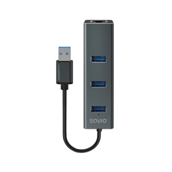 Savio AK-57 USB-A - 3 x USB-A-hubb med RJ-45 Gigabit Ethernet-adapter 5000 Mbit/s grå USB 3.2 Gen 1 (3.1 Gen 1) Micro-B 5000 Mbit/s Svart