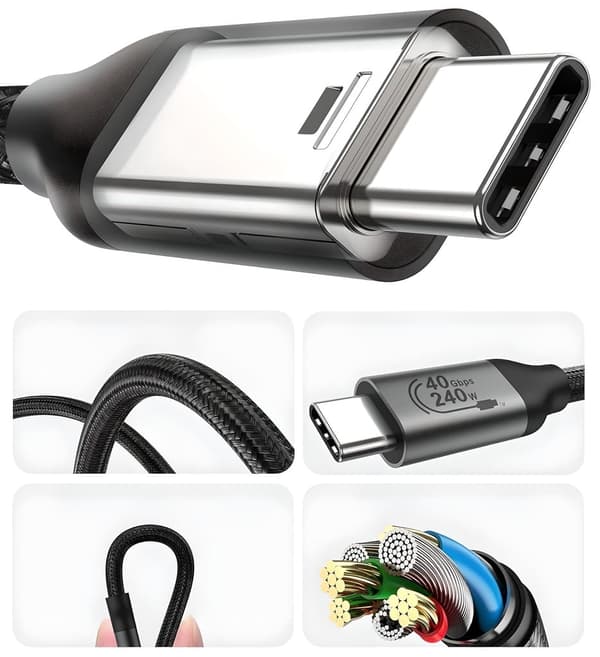 USB4 Thunderbolt 4 KABEL 240W 40Gbps 120Hz USB C-KABEL NYLON FLÄTAD 30CM