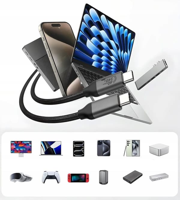 USB4 Thunderbolt 4 KABEL 240W 40Gbps 120Hz USB C-KABEL NYLON FLÄTAD 30CM