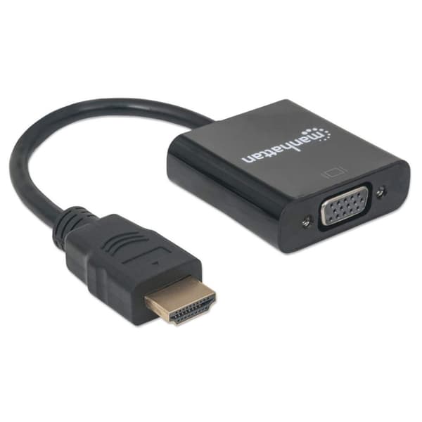 Manhattan HDMI till VGA-konverteringskabel, 1080p, 30 cm, Hane till hona, Motsvarande HD2VGAE2, Micro-USB-strömingång för extra ström vid behov, Svart