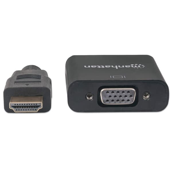 Manhattan HDMI till VGA-konverteringskabel, 1080p, 30 cm, Hane till hona, Motsvarande HD2VGAE2, Micro-USB-strömingång för extra ström vid behov, Svart