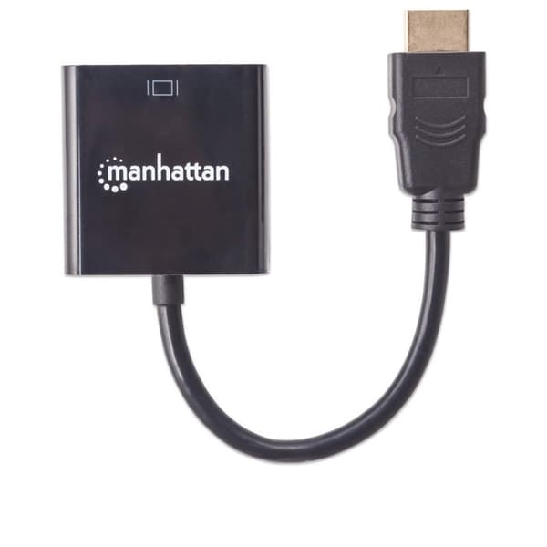 Manhattan HDMI till VGA-konverteringskabel, 1080p, 30 cm, Hane till hona, Motsvarande HD2VGAE2, Micro-USB-strömingång för extra ström vid behov, Svart