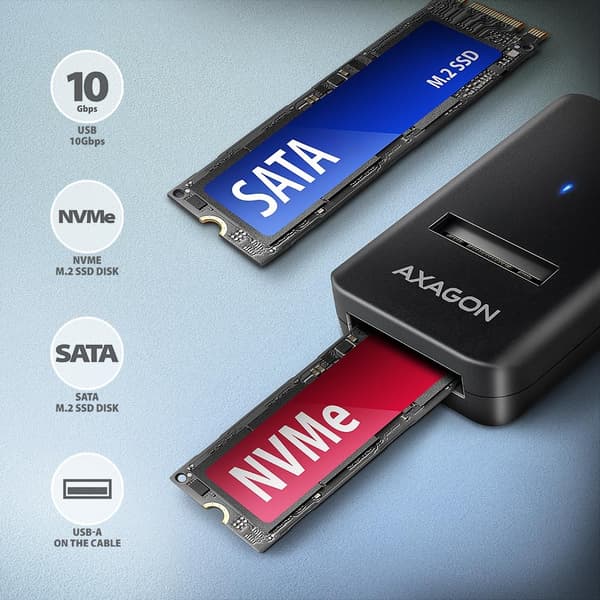 Axagon ADM2-AM USB-A 10Gbps - M.2 NVMe & SATA SSD-adapter, kabel USB-A 10cm SSD-hölje Svart
