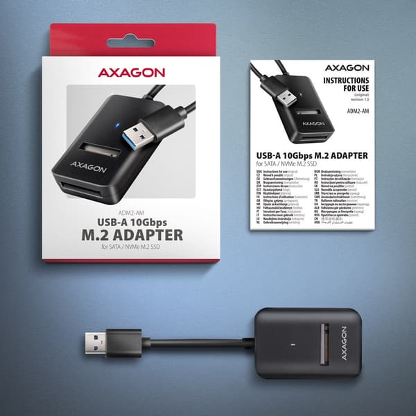 Axagon ADM2-AM USB-A 10Gbps - M.2 NVMe & SATA SSD-adapter, kabel USB-A 10cm SSD-hölje Svart