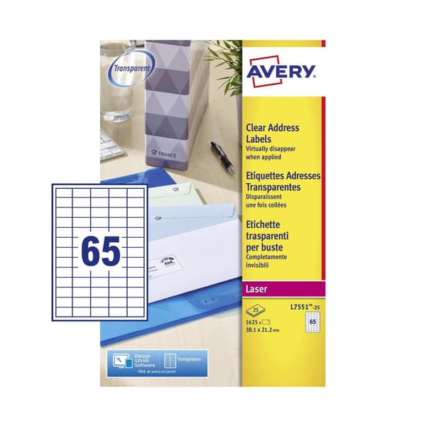 Etikett AVERY transp 38,1x21,2mm 1625/fp