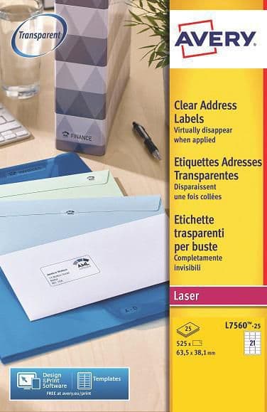 Etikett AVERY transp 63,5x38,1mm 525/fp