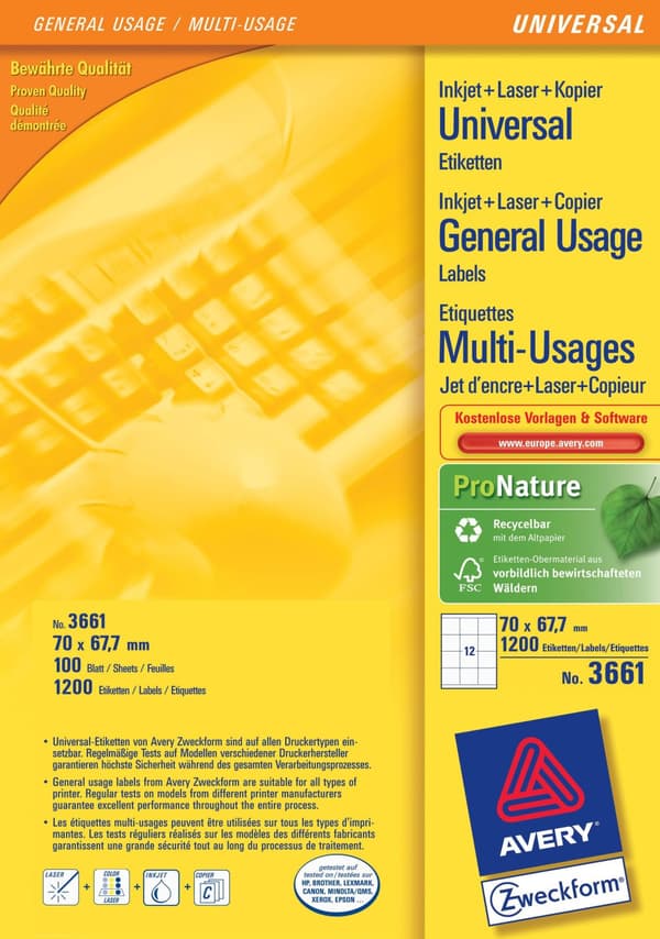 Etikett AVERY Ultragri 70x67,7mm 1200/fp