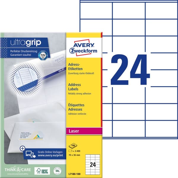 Etikett AVERY Laser 70x36mm 2400/fp