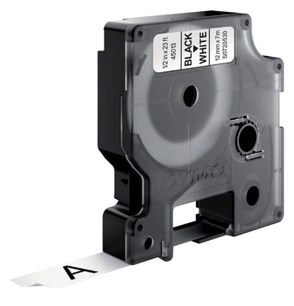 Tarrateippi Dymo 45013 D1 12mmx7m musta valkoisella 10 rullaa