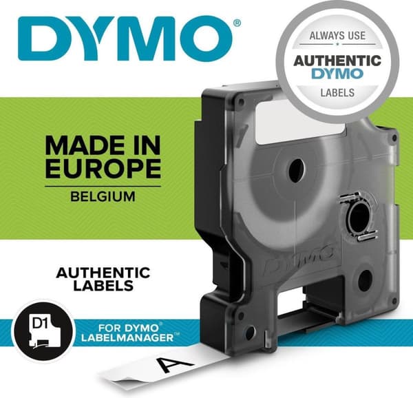 Tarrateippi Dymo 45013 D1 12mmx7m musta valkoisella 10 rullaa