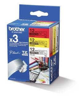 Brother TZ31M3 - Lamineret tape - sort på rød, sort på hvid, sort på gul - rulle (1,2 cm x 8 m) - 3 rulle(r) - til P-Touch 10XX, 12XX, 2100, 24XX, 270