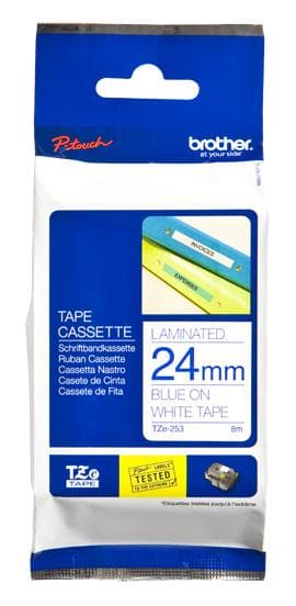 Brother - Lamineret tape - blå på hvidt - rulle (2,4 cm x 8 m) - 1 rulle(r) - til P-Touch 1400, 1650, 2350, 2500PC, 2700, 2700VP, 350, 540C (TZ253)