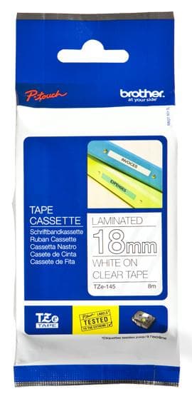 Brother TZe145 - Lamineret selvklæbende tape - hvid på klar - rulle (1,8 cm x 8 m) - 1 rulle(r) (TZE145)