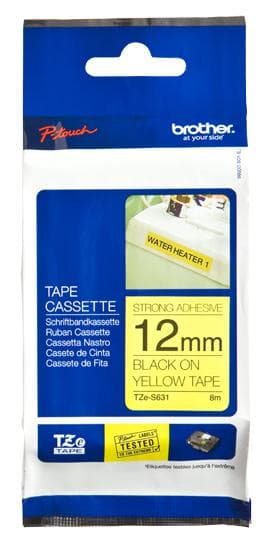Brother TZe-S631 tape, ekstra klæbende, 12 mm x 8 m, sort på gul