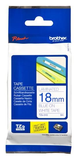 Brother TZe243 - Lamineret selvklæbende tape - blå på hvid - rulle (1,8 cm x 8 m) - 1 rulle(r) (TZE243)