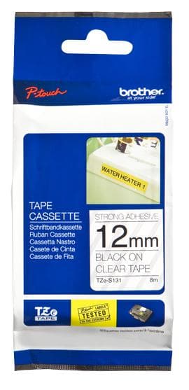 Brother TZeS131 - Lamineret ekstra stærk klæbende tape - Sort på klar - Rulle (1,2 cm x 8 m) - 1 rulle(r) (TZES131)