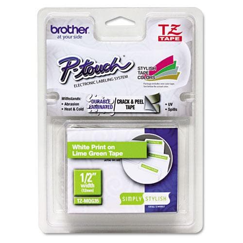 Brother TZe MQG35 - Laminerad tejp (Matt) - Vit på limegrön - Rulle (1,2cm x 5m) - 1 rulle(r) - för P-Touch 10XX, 12XX, 18, 18XX, 21XX, 24XX, 27XX, 71
