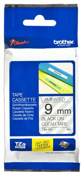 Brother TZe121 - Lamineret klæbende tape - sort på klar - rulle (0,9 cm x 8 m) - 1 rulle(r) (TZE121)