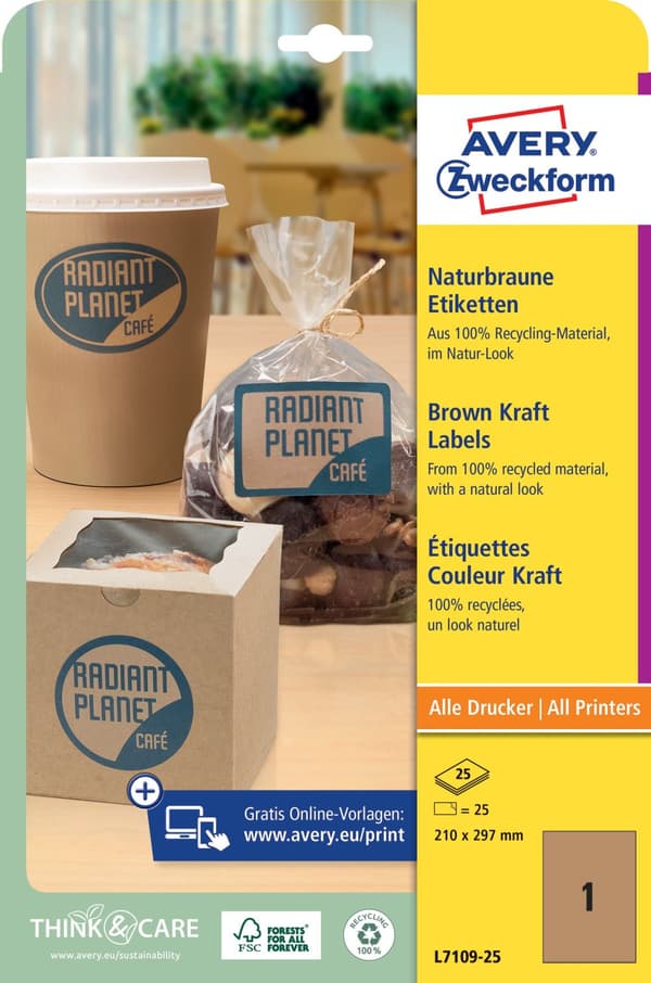 Etikett AVERY kraft 210x297mm brun 25/fp