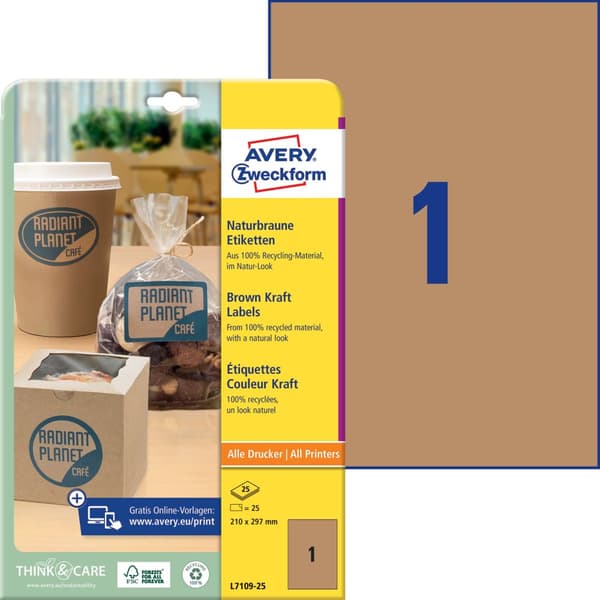 Etikett AVERY kraft 210x297mm brun 25/fp