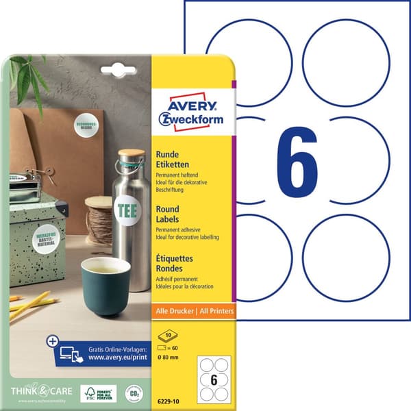 Etikett AVERY papper Ø80mm vit 60/fp