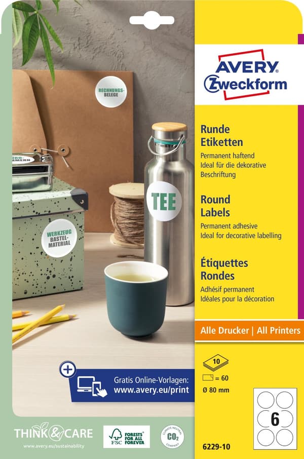 Etikett AVERY papper Ø80mm vit 60/fp