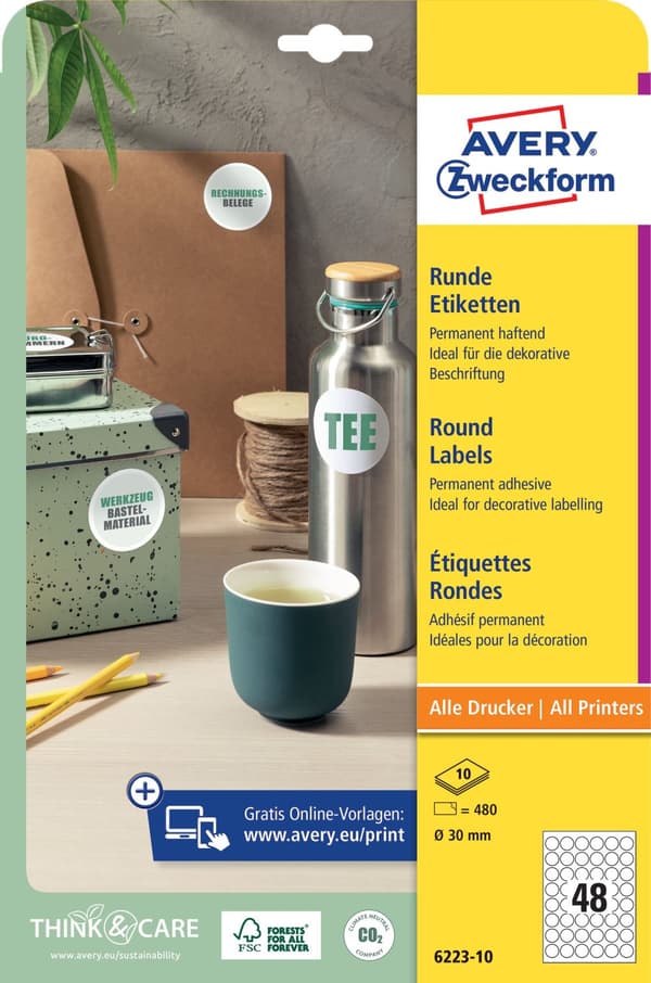 Etikett AVERY papper Ø30mm vit 480/fp