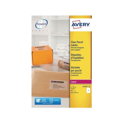 Etikett AVERY transp 210x297mm 25/fp