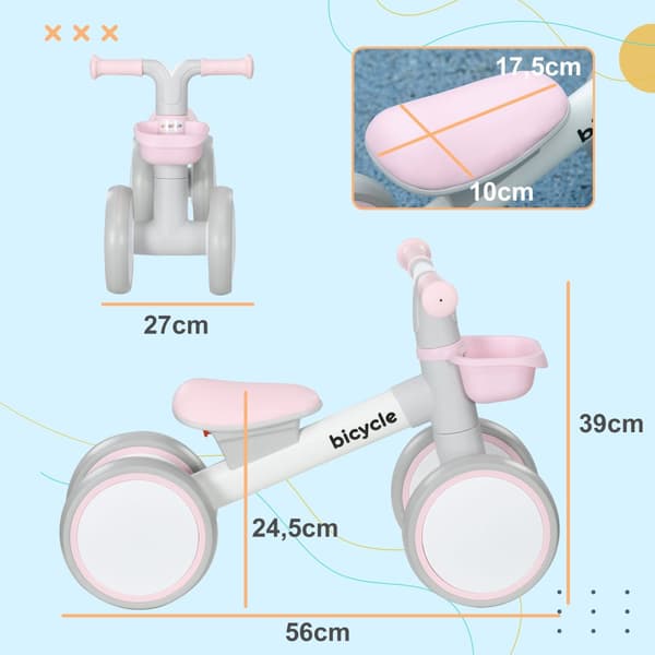 Balancecykel til børn, 56x27x39 cm, Pink og Hvid