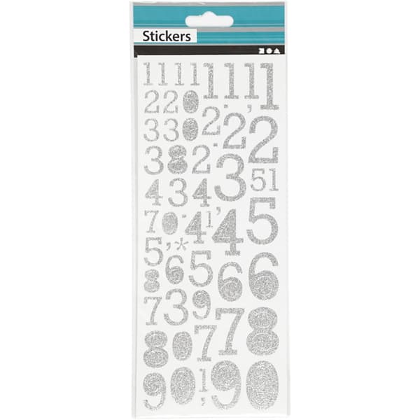 Glitterstickers, tal, ark 10x24 cm, sølv, 2 ark/ 1 pk.