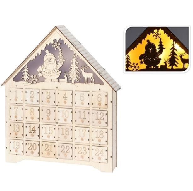 Återanvändbar Trä Adventskalender m Belysning o 24 Lådor
