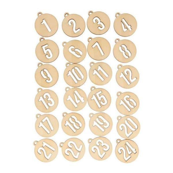2 set med runda adventskalendernummer i trä