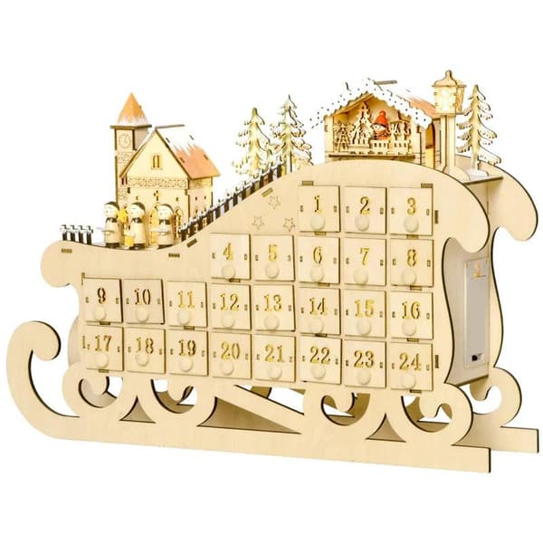Rootz Christmas Advent Calendar - Christmas Calendar With LED Lights - With 24 Draw Compartments - Christmas Decoration - DIY Plywood Board - Natural