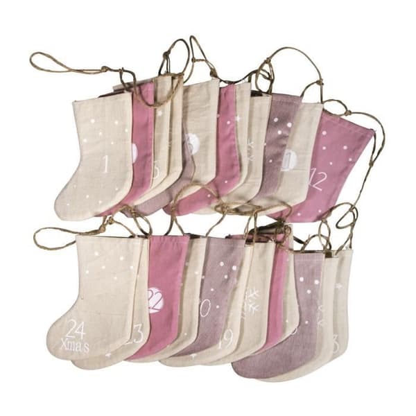 Adventskalender Julstrumpa - RAYHER - 220cm - 24 strumpor (6x15cm) - Vit, rosa och naturlig