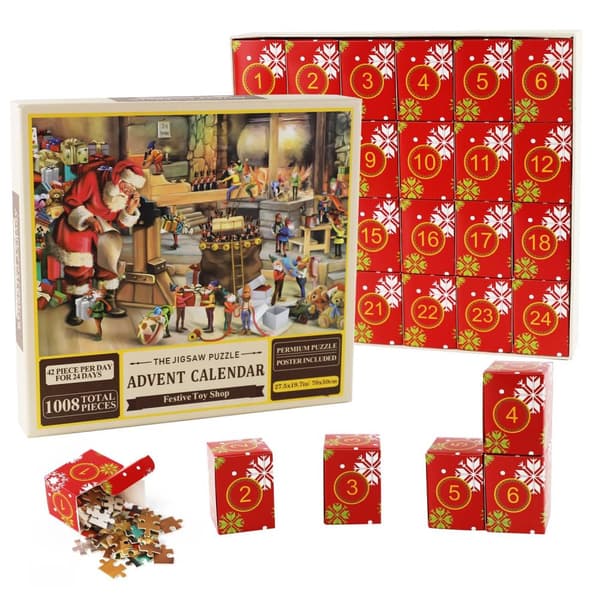 Palapeli adventtikalenteri 2024, 1008 palapelin palaa, 24 päivän Toy Shop TOY SHOP julnedräkning julkalender adventskalendrar 1-24 dagar