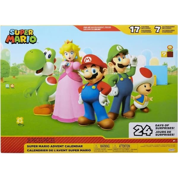 Super Mario Adventskalender med 24 överraskningar - 17 rörliga figurer 6 cm + 7 leksaksaccessoarer att samla -