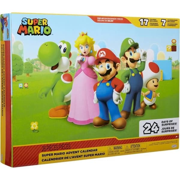 Super Mario Adventskalender med 24 överraskningar - 17 rörliga figurer 6 cm + 7 leksaksaccessoarer att samla -